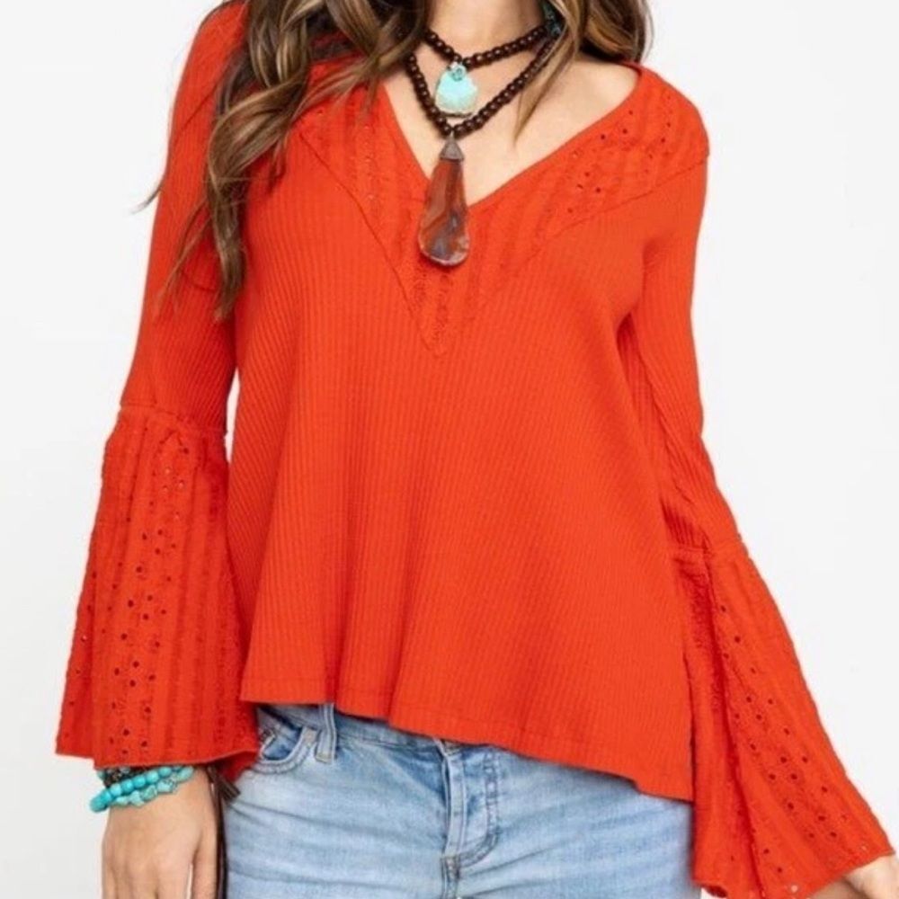 Free People Orange Bell Sleeve V‑Neck Long Sleeve Top